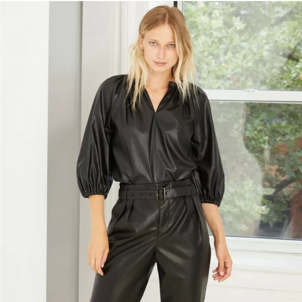 NWT Who What Wear Black Faux Leather Blouse Size XS